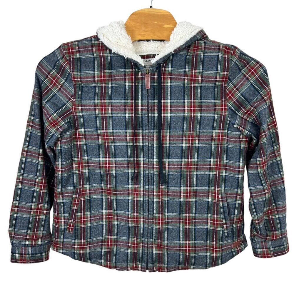 L.L. Bean Mens L Scotch Plaid Faux Fur Lined Long Sleeve Full Zip Hooded Jacket